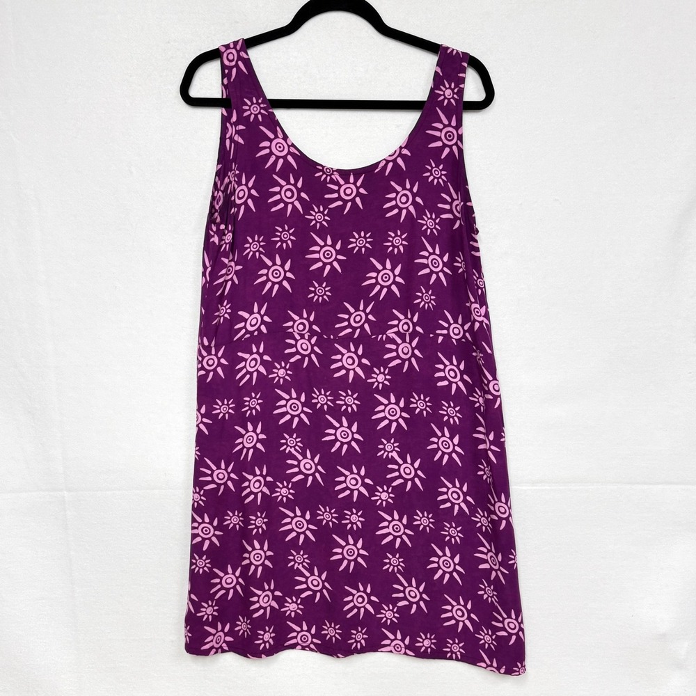 Vintage Baju Batik-Style Purple Pink Dress, Size Medium, Rayon Sunburst A-Line